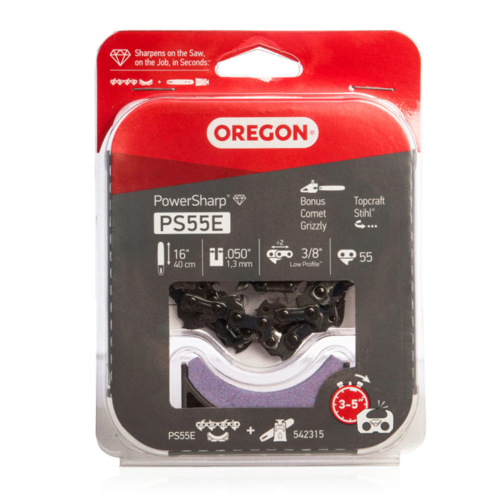 Oregon 16" PowerSharp 3/8″ Low Profile .050″ (1.3mm) Chainsaw Chain (55DL) + Stone PS55E (for Stihl)